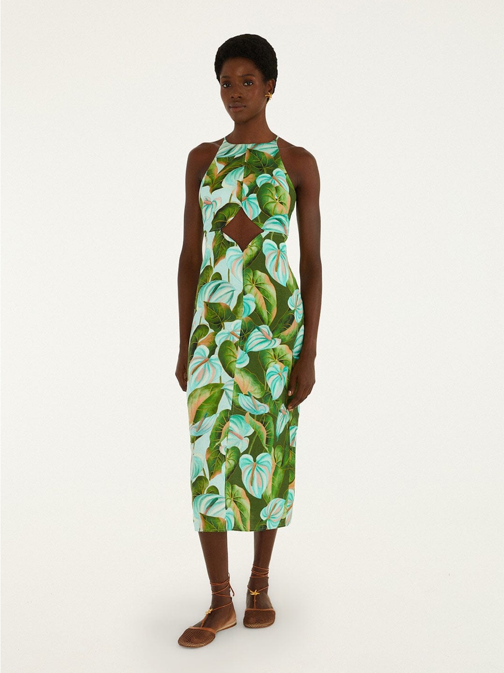 Farm Rio Tropical Leaf Print Halter Dress In Mint And Green